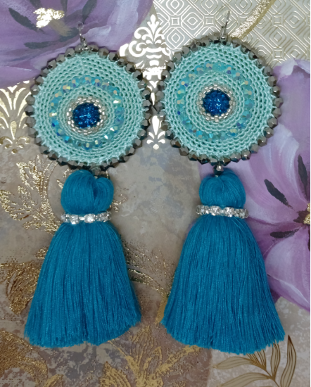 Háčkované  dizajnové náušnice "Modrý Mauritius"